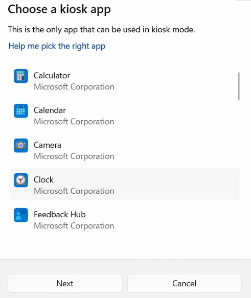 キオスクアプリを選択してください